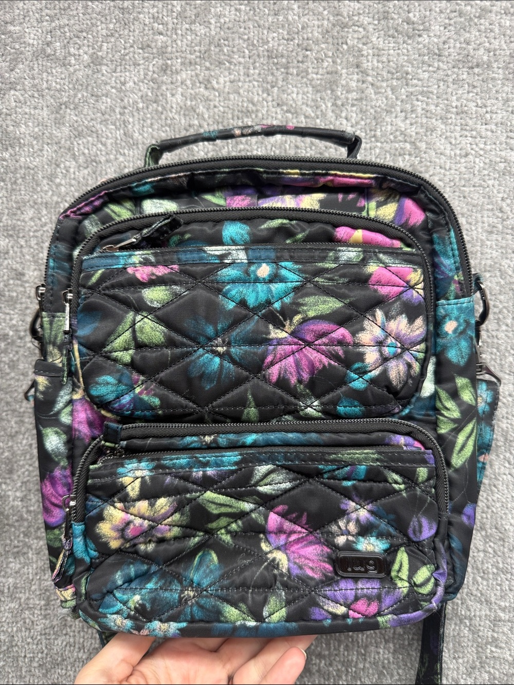 Lug Compass Crossbody Bag Black Multicolor Floral Quilted Travel Organizer Purse - Picture 12 of 14